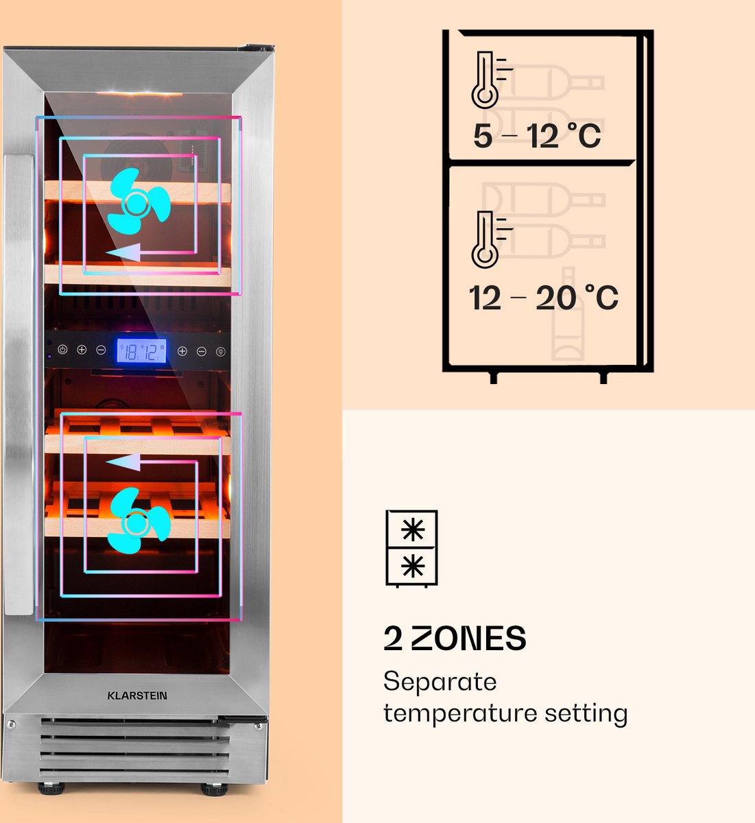 Klarstein Wijnkoeler Wijnkoelkast 2 Zones – 53L Drankenkoelkast Smal – Inbouw Wijnklimaatkast met Glazen Deur – Binnen/Buiten Gebruik – voor 17 Flessen - 29.5 cm - Vrijstaand - Wit - glas - Rood - Wijnkast - Wine Cooler - Wine Fridge – foto 3