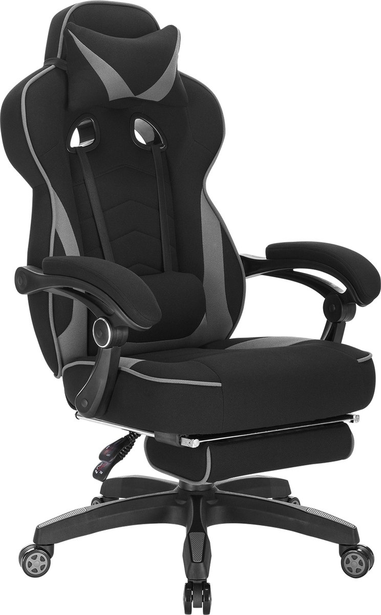 BukkitBow - Racing Fabric Gaming Stoel met Rug/Nekkussen en Voetensteun (49CM Hoog) - Grijs
