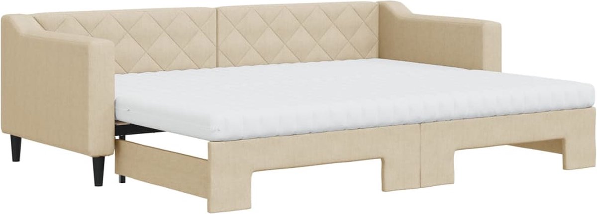 vidaXL Slaapbank - met - onderschuifbed - en - matrassen - 80x200 - cm - stof - crème