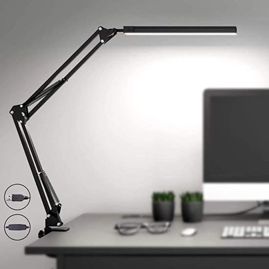 Bolt Electronics® - Lampe de bureau LED avec pince - Lampe de travail réglable pour protection des yeux - 3 modes d'éclairage x 10 niveaux de luminosité - Zwart