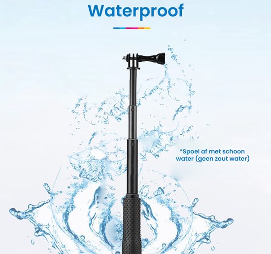 Waterdichte selfiestick met spatscherm. 'Spoel af met schoon water (geen zout water)'.