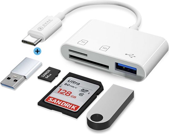 CHAS electronics Multifunctionele Kaartlezer - Kaartlezer - Kaarlezer SD Kaart - USB 3.0 en USB C - Kaarlezer USB C - Inclusief USB Adapter - Wit