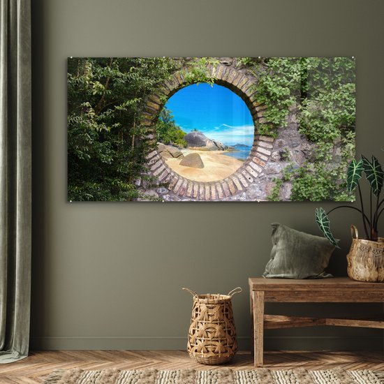 MuchoWow® Glasschilderij 160x80 cm - Schilderij acrylglas - Zomer - Strand - Doorkijk - Tropical - Foto op glas - Muurdecoratie woonkamer - Wanddecoratie slaapkamer - Schilderijen