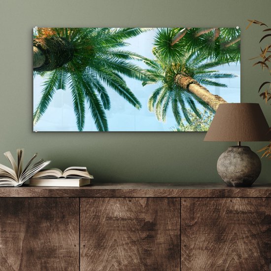 MuchoWow® Glasschilderij 80x40 cm - Schilderij acrylglas - Palmbladeren - Lucht - Zomer - Tropisch - Foto op glas - Schilderijen