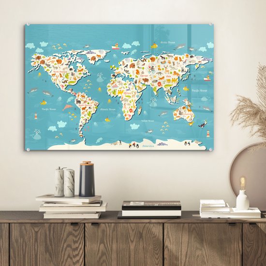 Peinture sur Verre - Carte du Wereldkaart - Enfants - Couleurs - Animaux - 60x40 cm - Peintures sur Verre Peintures - Photo sur Glas