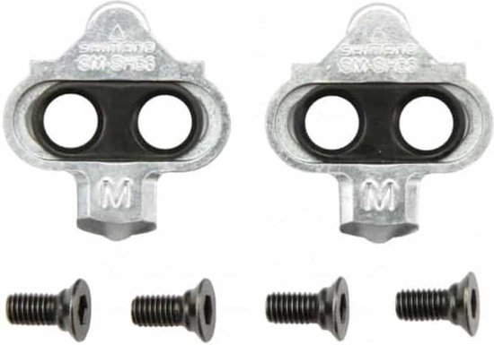 Twee Shimano SPD schoenplaatjes met vier schroeven.