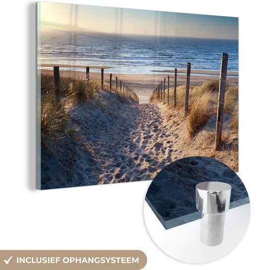 MuchoWow® Glasschilderij - Strand - Zee - Nederland - Duinen - Zon - 60x40 cm - Strand decoratie - Acrylglas Schilderijen - Foto op Glas