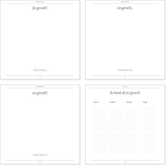 Boekpagina's met 'Je groeit!', 'en groeit..', 'en groeit!' en 'Je bent al zo groot!' met invulvelden.