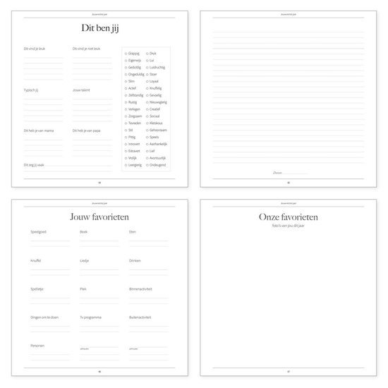Boekpagina's met 'Dit ben jij', 'Jouw favorieten' en 'Onze favorieten' met invulvelden en checklists.