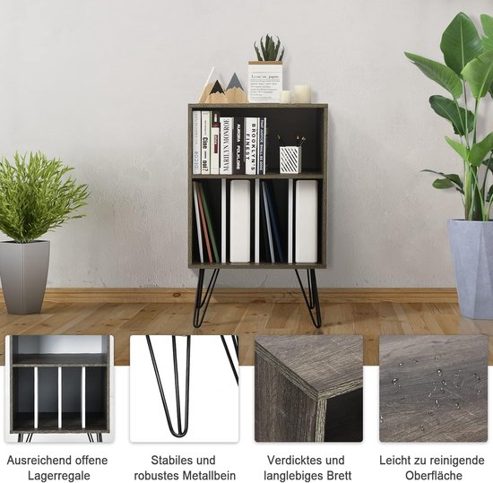 Printerstandaard met 5 open vakken, platenspeler tafel vrijstaand, 2 niveaus printertafel, vinylplatenstandaard van hout houdt tot 150 albums, 53 x 46 x 86,5 cm (bruin)