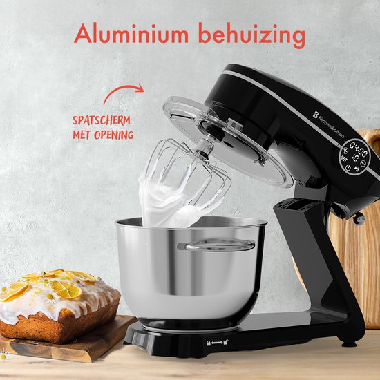 KitchenBrothers Keukenmachine - Touch Display en Timer - Keukenrobot - 6,2L - 1800W - Keukenmixer - Aluminium - Zwart van KitchenBrothers — afbeelding 4