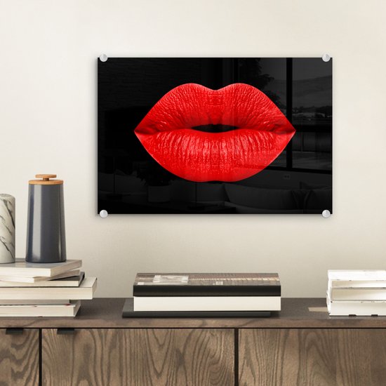 MuchoWow® Peinture sur verre 30x20 cm - Peinture sur verre acrylique - Lèvres - Rouge - Zwart - Photo sur verre - Peintures