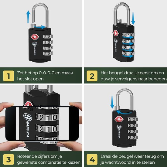 Cadenas de voyage Gandria - Serrure TSA - Serrure de voyage 2 pièces - Serrure à combinaison à 4 chiffres - Serrure à valise 4 chiffres - Acier allié de Zinc