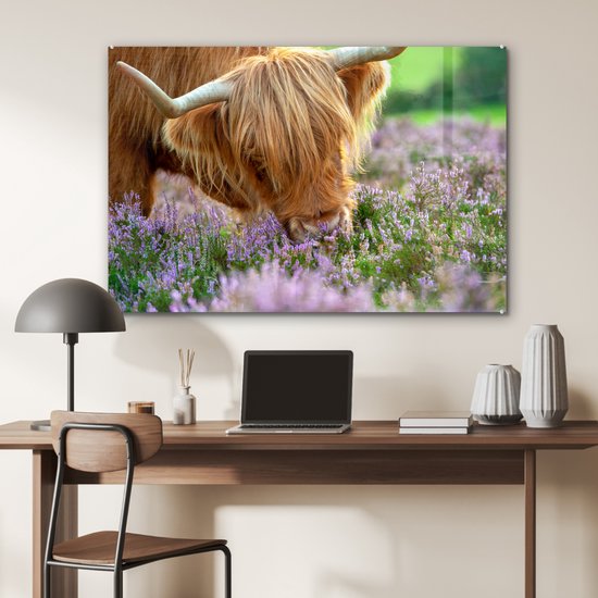 MuchoWow® Peinture sur verre 120x80 cm - Peinture sur verre acrylique - Highlander écossais - Herbe - Bruyère - Animaux - Photo sur verre - Peintures
