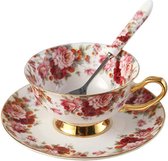 Porseleinen keramische theekop kop koffie met schotel, bloemen, wit en rood