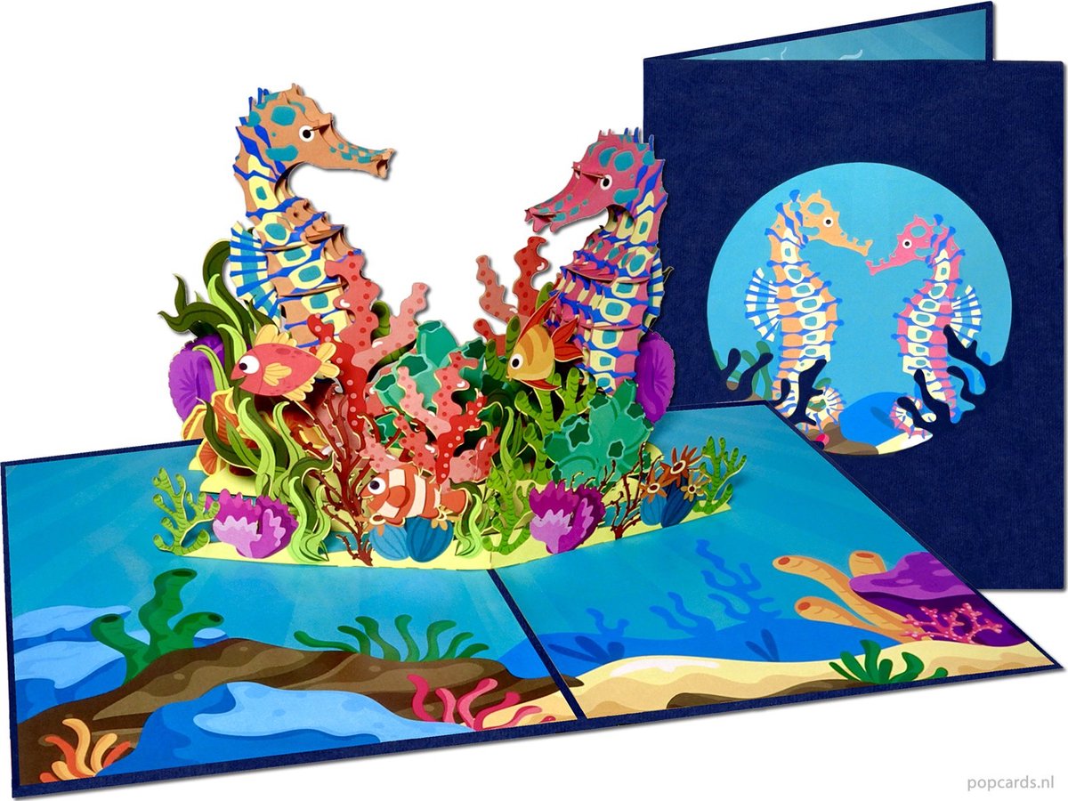 Popcards 3D popupkaart - Zeepaardjes in kleurrijk onderwater wonderland met Vissen Koraal en Zeeplanten