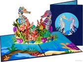 Cartes pop-up Popcards - Hippocampes dans un pays des merveilles sous-marin coloré avec carte pop-up de Pêche , coraux et plantes marines, carte de vœux 3D