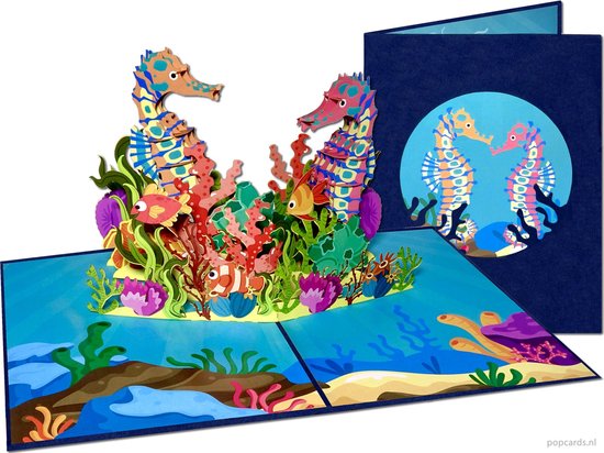 Popcards popupkaarten - Zeepaardjes in kleurrijk onderwater wonderland met Vissen Koraal en Zeeplanten pop-up kaart 3D wenskaart