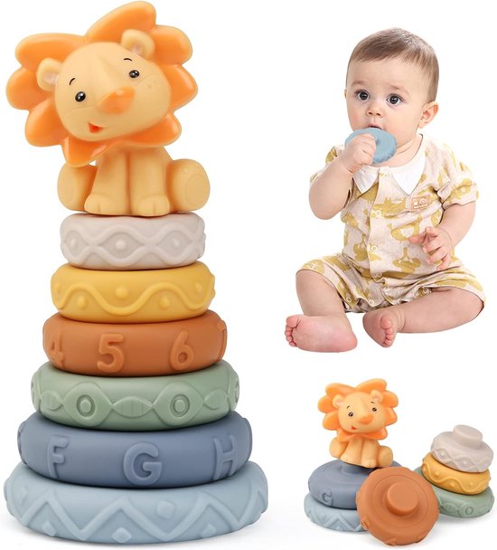 Stapelspeelgoed voor baby's, babyspeelgoed, motoriekspeelgoed, Montessori, sensorisch speelgoed, bouwstenen, nestcirkel, bouwcirkel, bijtring, cadeaus voor baby's van 3, 6, 9, 12 maanden,