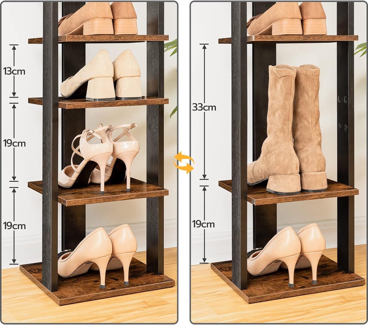 HOOBRO Verticaal schoenenrek, 7-laags schoenenopberger met haken, smal schoenenrek voor 7 paar, ruimtebesparend, stabiel en sterk, voor entree, kast, slaapkamer, rustiek bruin BF61XJ01