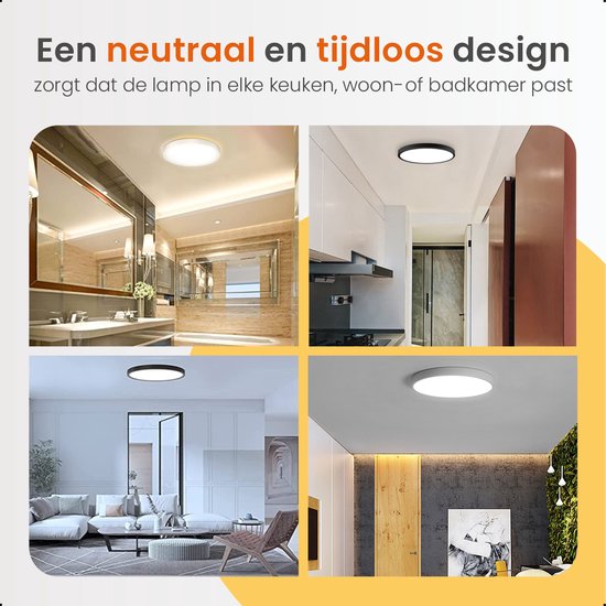 Goliving plafondlamp in vier verschillende interieurs: badkamer, keuken, woonkamer en hal.