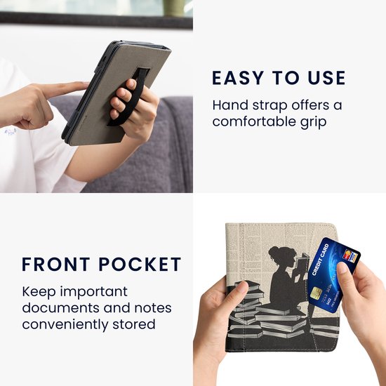 kwmobile flip cover geschikt voor Pocketbook Era / Era Color - Hoes met handgreep en voorvak voor e-reader - Book case in zwart / beige - Meisje met boeken design van Merkloos — afbeelding 4