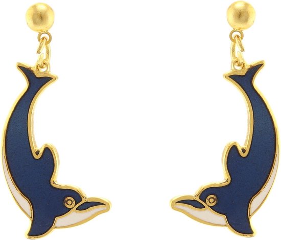 Behave Oorbellen hangers dolfijn blauw wit emaille 3,5 cm