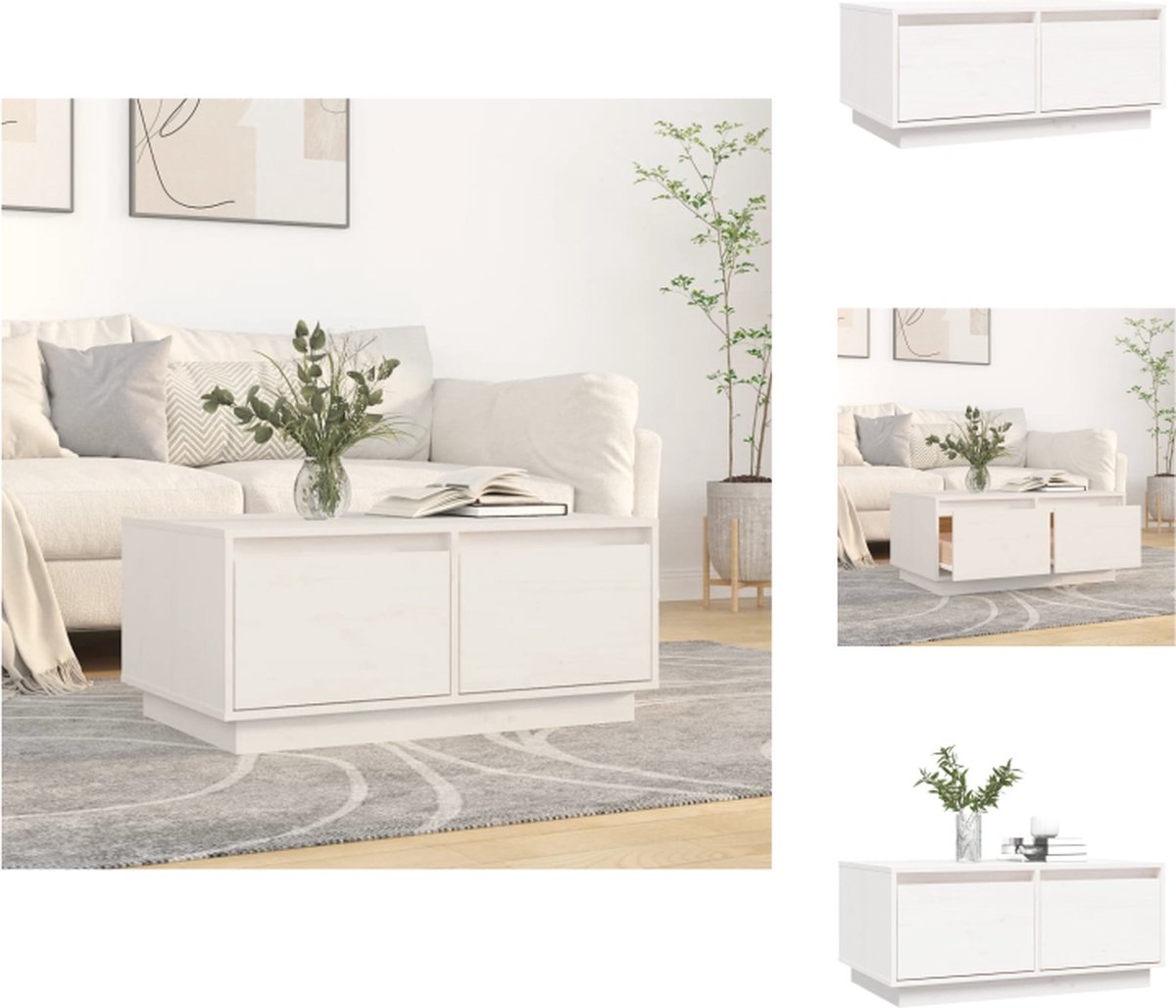 VidaXL Salontafel Massief Grenenhout Bijzettafel met 2 lades Ruim tafelblad Stabiel frame Wit 80x50x35cm Tafel