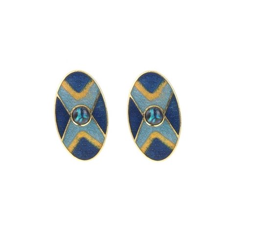 Behave Boucles d' Boucles d'oreilles clous d'oreilles bleu marron ovale vintage émail 2,8 cm