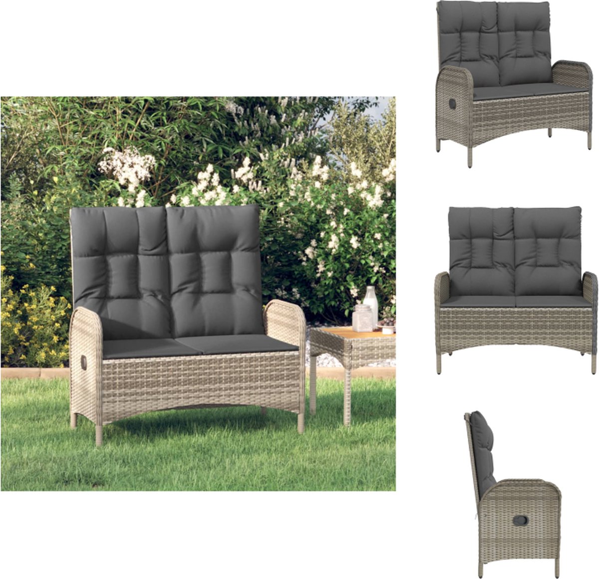 vidaXL Tuinbank - Tuinbanken - Tuinbank Lounge Verstelbare Tuinbank - Tuinbankje - Tuinbank verstelbaar met kussens 107 cm poly rattan grijs