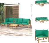 vidaXL Bamboe Lounge Set - Middenbank Hoekbank Voetenbank Tafel + Kussens - Groen - Tuinset