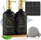 Flacons distributeurs de shampoing vides à remplir en verre et acier inoxydable (lot de 2, noir mat or, 500 ml) - distributeur de savon à pompe pour gel douche dans la douche, salle de bain et savon dans la cuisine