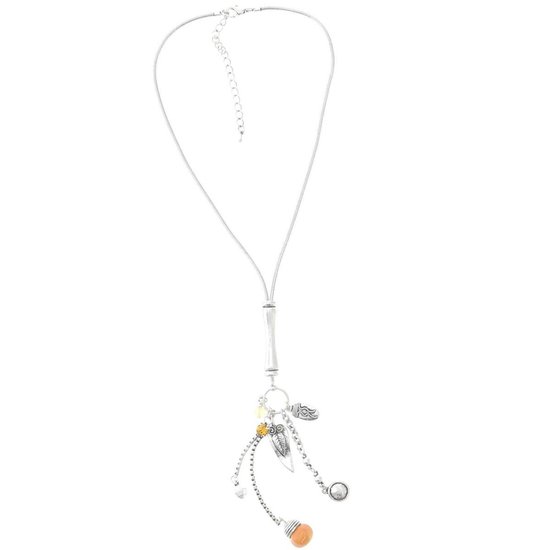 Behave Dames ketting zilver kleur met hanger met oranje kraal 40 cm