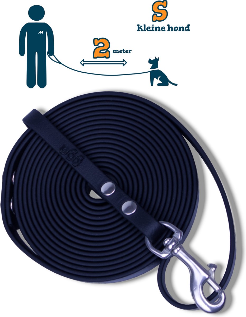 Miqdi hondenriem - BioThane – zwart – 2 meter lang – 9mm breed – XS/S – kleine hond