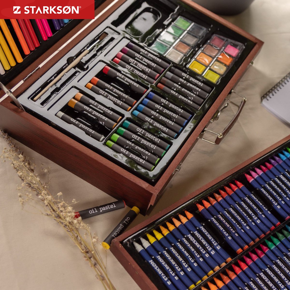 STARKSØN 141-Delige Houten Tekenkoffer Set Incl. Kleurpotloden, Oliepastel Krijt, Waterverf & Aquarelverf - Teken Doos - Teken Koffer Voor Kinderen & Volwassenen — afbeelding 9