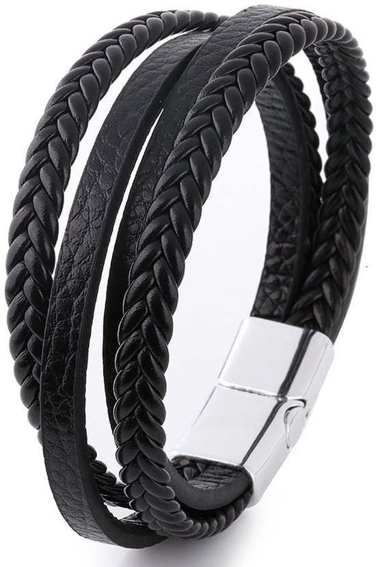 Armband Heren - Zwart Leer met Stalen Sluiting - Leren Mannen Armbanden