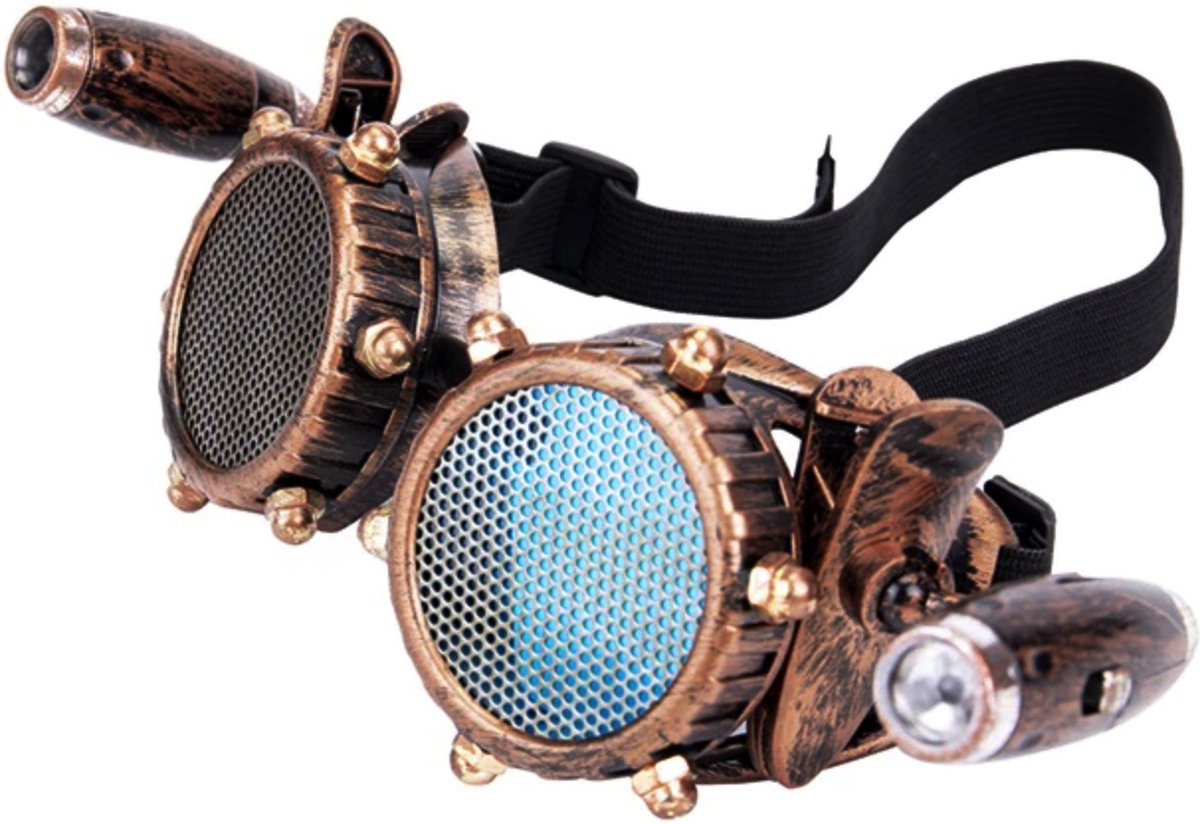 KIMU® Goggles Steampunk Bril Met Gaas, Studs En Led Lampjes - Koper Montuur - Blauwe Glazen - Spacebril Space Hoge Hoed Festival