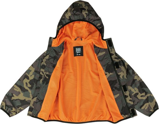Jongens jack met camouflageprint, open aan de voorkant, met oranje mesh voering en capuchon.