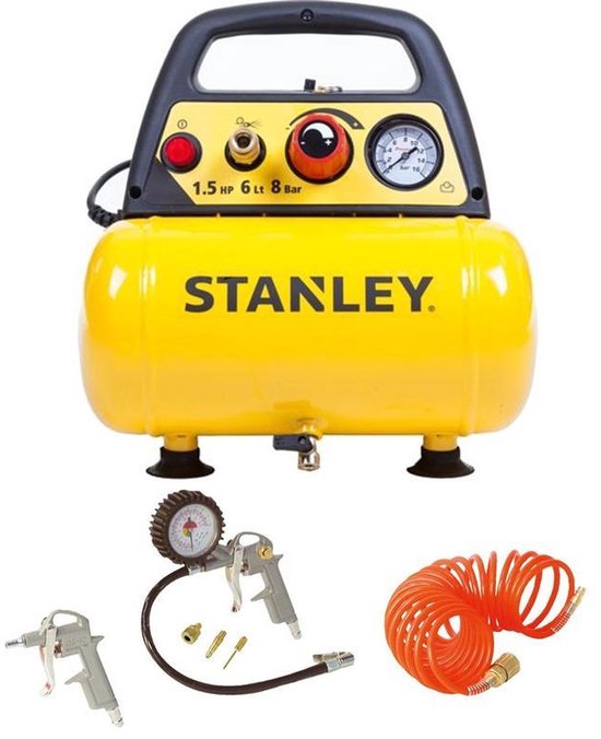 Stanley compressor met gele tank en toebehoren: spuitpistool, slang en adapters. "STANLEY 1.5 HP 6 Lt 8 Bar" tekst.