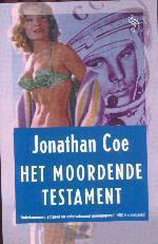 Boek "Het Moordende Testament" van Jonathan Coe met op de cover een astronaut en een vrouw in bikini.