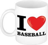 I Love Baseball / honkbal wit met rood hartje koffiemok / beker 300 ml - keramiek - cadeau voor sport / baseball liefhebber