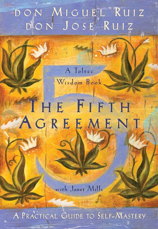 Boek 'The Fifth Agreement' met een gestileerd cijfer 5 en bloemmotieven op een gele achtergrond.
