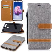 Kleurafstemming Denim Texture Leather Case voor Huawei P Smart / Enjoy 7S, met houder & kaartsleuven & portemonnee & lanyard (grijs)