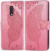 Butterfly Love Flowers reliÃ«f horizontale flip lederen tas voor One Plus 7 met houder & kaartsleuven & portemonnee & lanyard (roze)