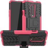 Voor OnePlus 7T Pro Tire Texture TPU + PC schokbestendige hoes, met houder (roze)