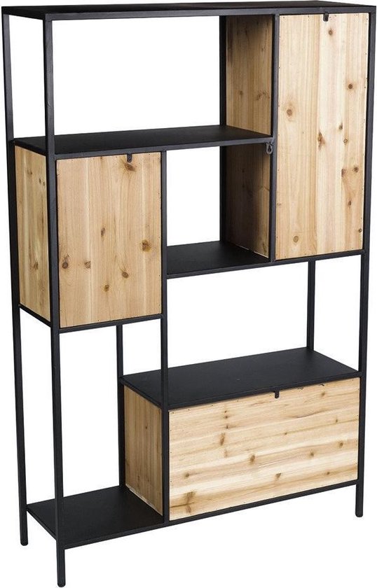 Boekenkast met gesloten houten deuren en open vakken.