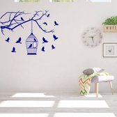 Muursticker Vogels Met Huisje -  Donkerblauw -  100 x 78 cm  -  woonkamer  slaapkamer  baby en kinderkamer  alle  dieren - Muursticker4Sale