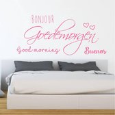 Slaapkamer Muursticker Bonjour Goedemorgen Good Morning Buenos -  Roze -  80 x 39 cm  -  nederlandse teksten  slaapkamer  alle - Muursticker4Sale