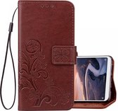 Lucky Clover geperste bloemenpatroon lederen tas voor Xiaomi Mi Max 3, met houder en kaartsleuven en portemonnee en handriem (bruin)