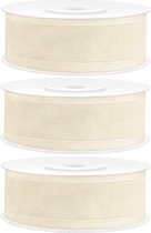 3x Hobby/decoratie licht creme chiffon sierlinten 2,5 cm/25 mm x 25 meter - Cadeaulinten chiffonlinten/ribbons - Licht creme linten - Hobbymateriaal benodigdheden - Verpakkingsmaterialen